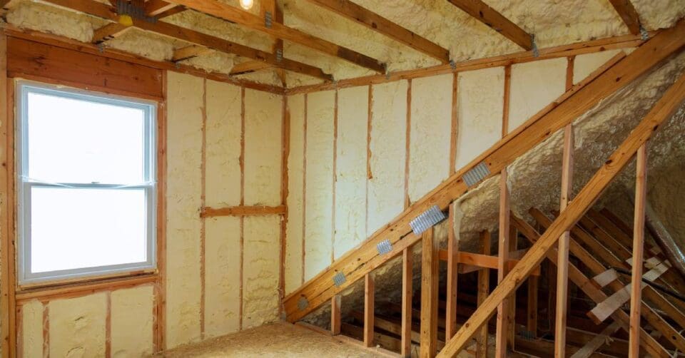 The interior of a new construction home with spray foam insulation applied to the inside of the walls and ceiling.