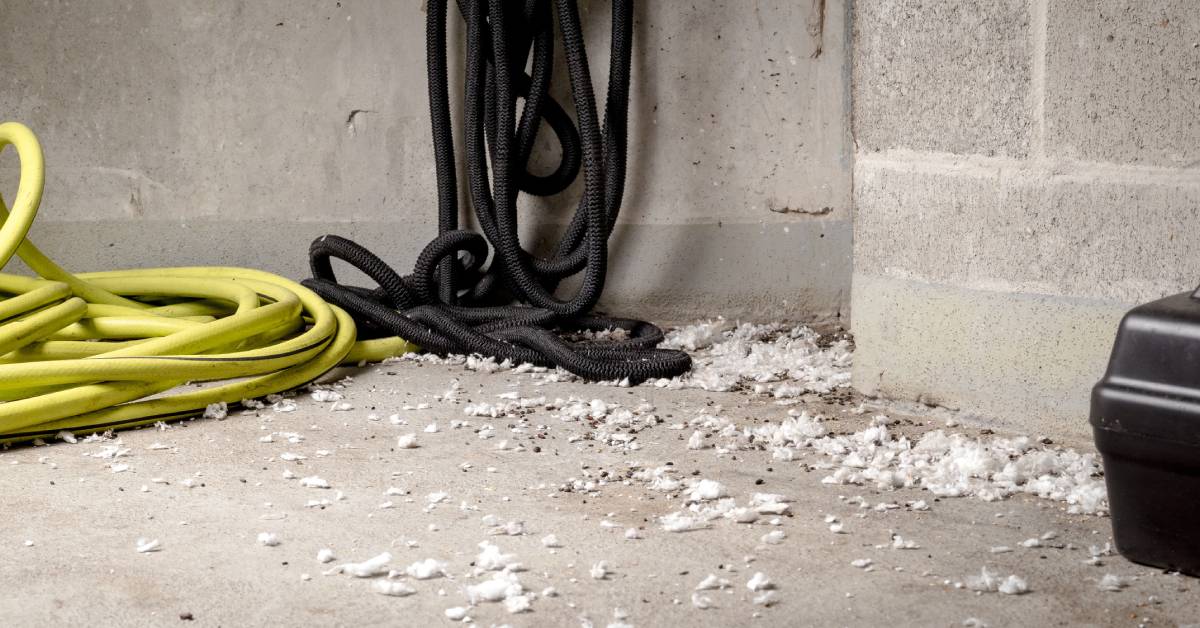 The corner of a room with concrete walls. There are bits of old insulation and rodent droppings on the floor.