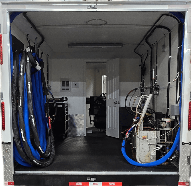 ProPAK 200G spray foam rig with Graco A-25 Reactor, gas powered, 16-foot trailer, side and ramp doors
