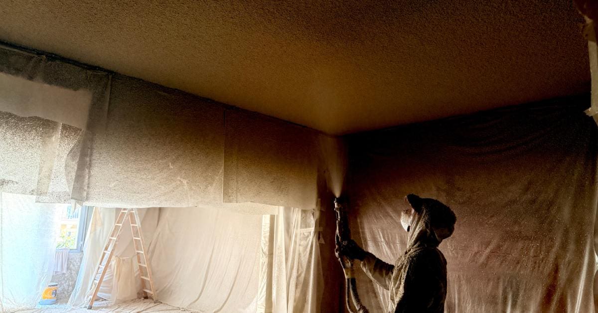 Worker in protective gear sprays expanding foam insulation onto a ceiling during an indoor renovation.