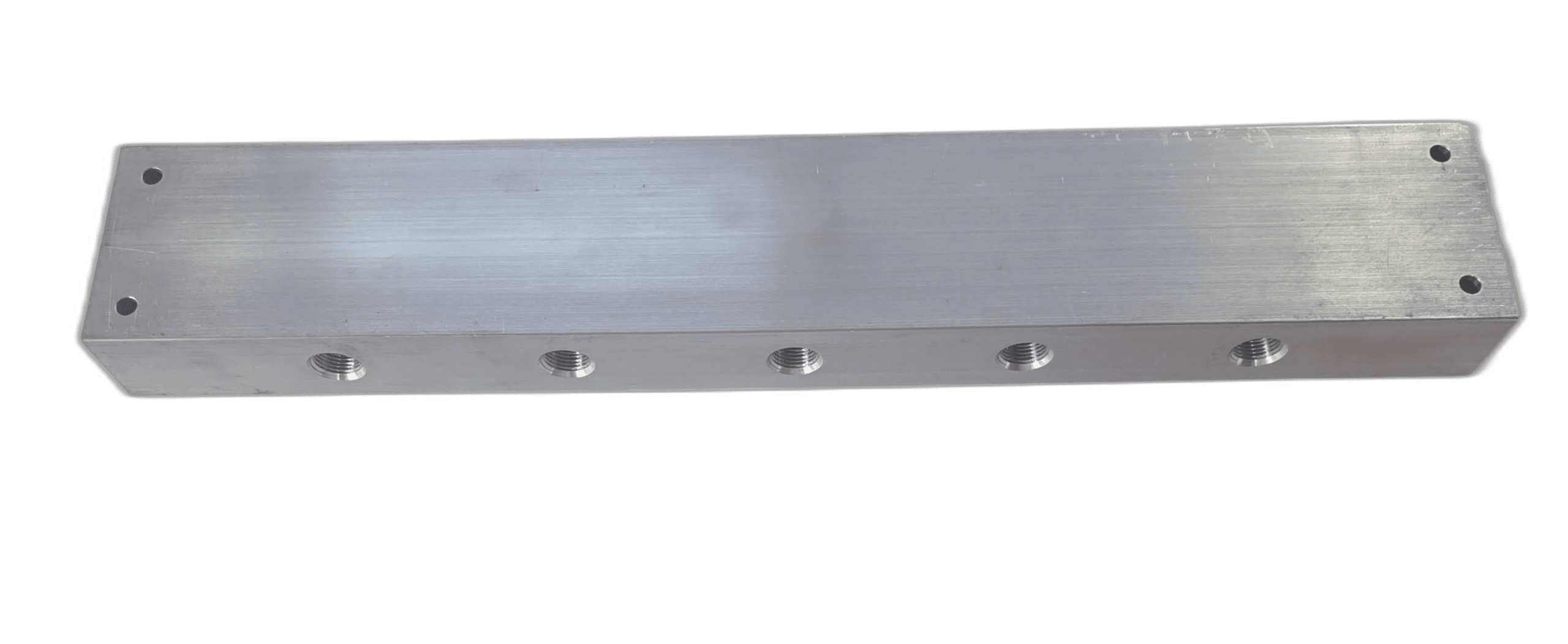 20260918_133842_nobg Top View 236431 18-inch air distribution manifold block with seven 3/8-inch ports and two 1/2-inch end ports