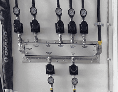 INSTALLED IN RIG 348035 18-inch air distribution manifold assembly with eight regulators, eight pressure gauges, and eight air outlets